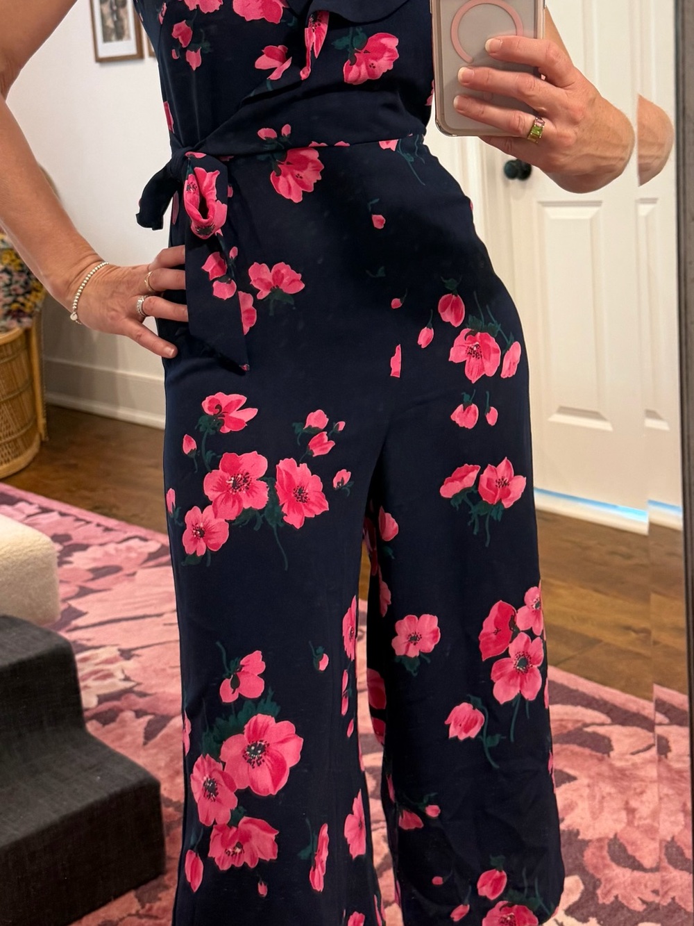 Warehouse Navy Sleeveless Floral Jumpsuit with Pink Flowers